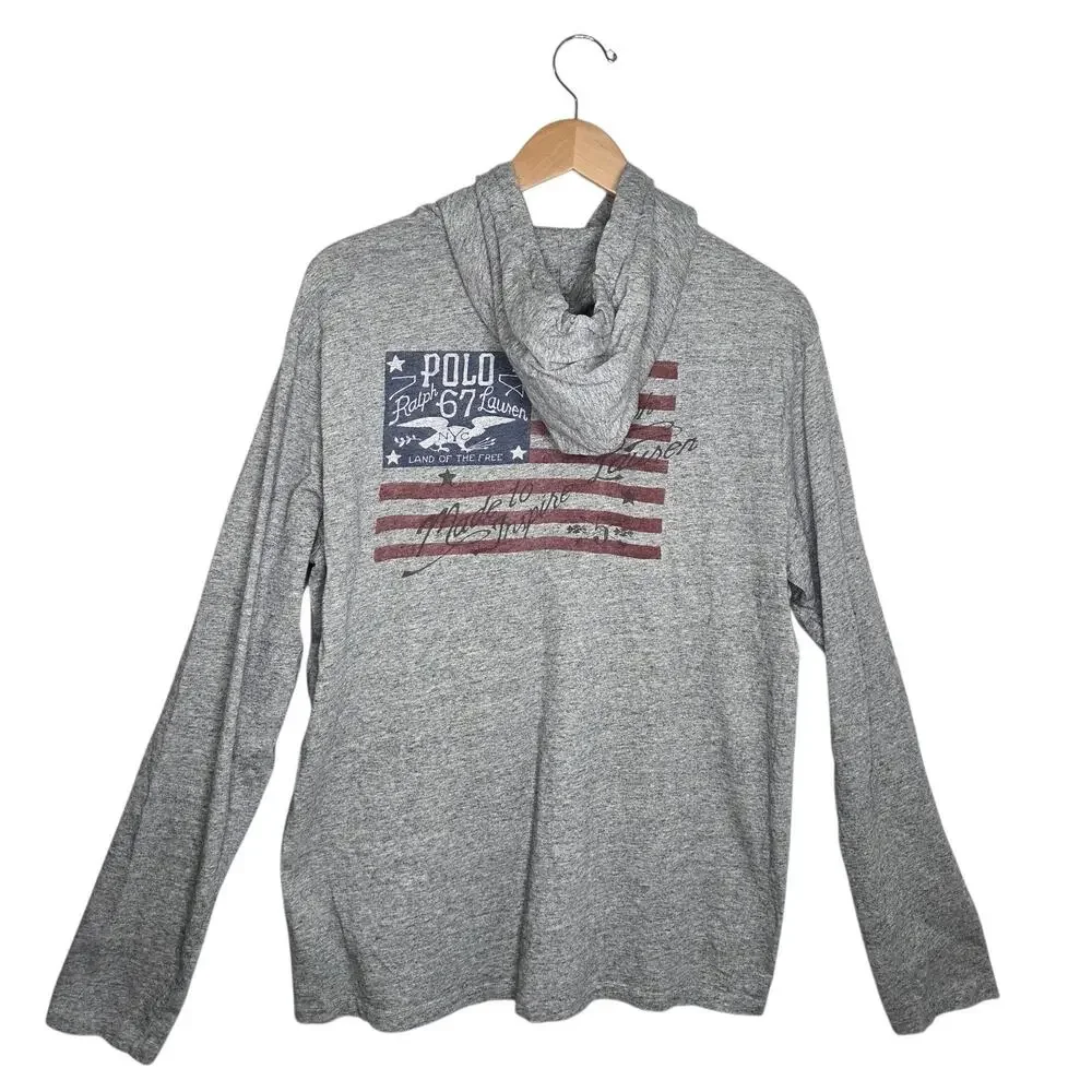 Ralph Lauren Mens Grey 1967 Polo Flag Cotton Hoodie Pullover Sweatshirt SZ L USA